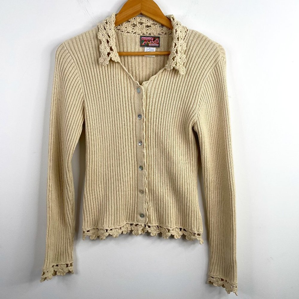 April Cornell Women Beige Knit Crochet Lace Trim Button V Neck Cardigan Size S